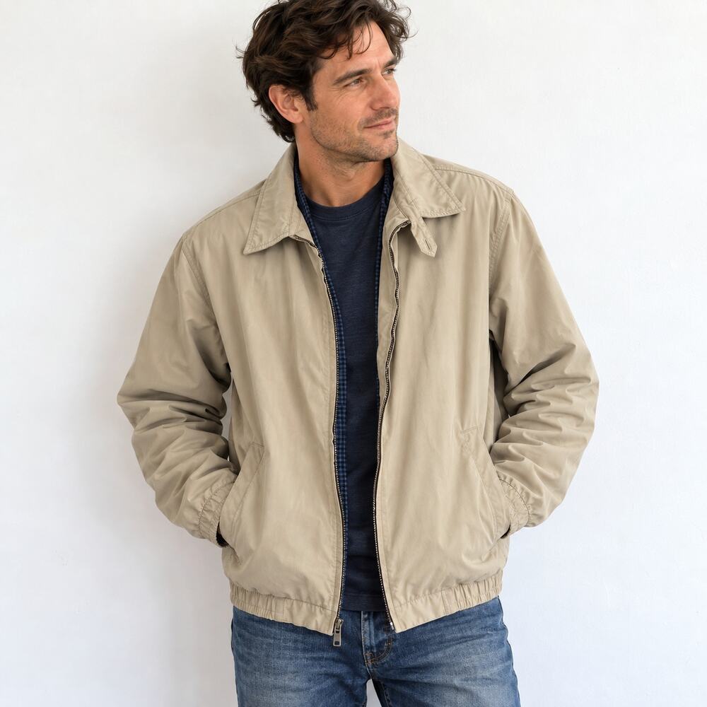 Lyle & Scott Scotland Men’s XL Beige Harrington Jacket Plaid Lined Lightweight